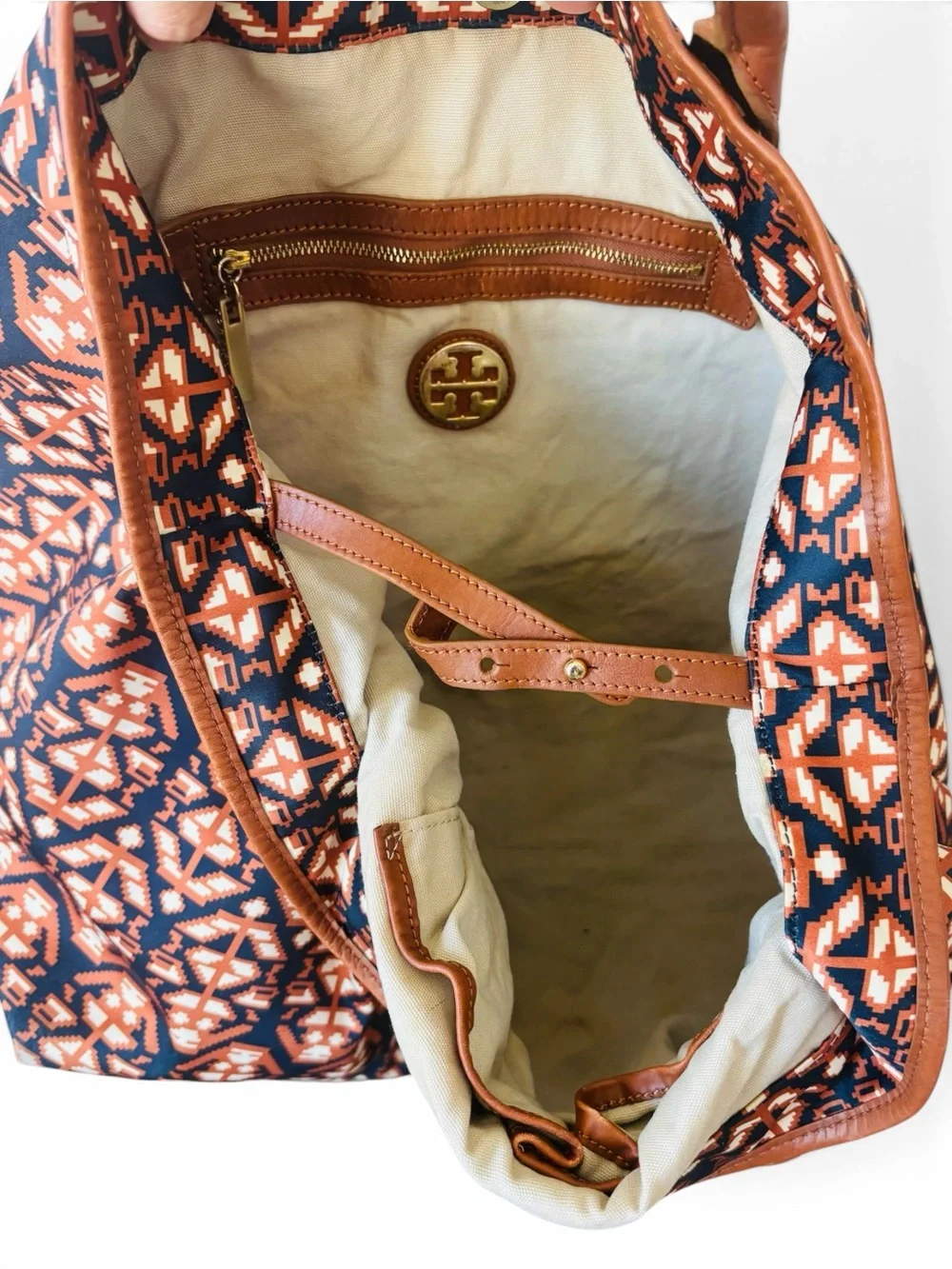 Tory Burch Ella Aztec Navy and Orange Geometric Tote with Brown Leather Handles - Picture 9 of 12